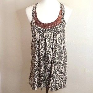 Elle Y2K Leaf Patterned Halter Tunic Top With Bronze Jeweled Neckline M